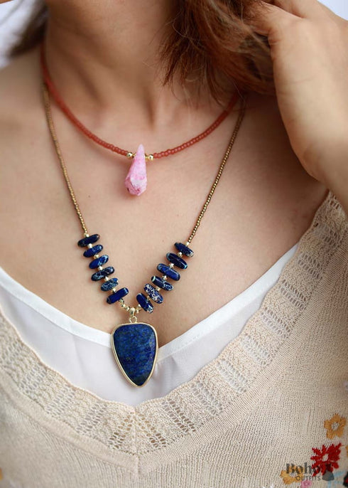 Boho Necklace, Heart Lapis Pendant Necklace